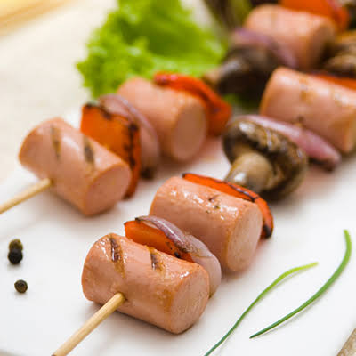 2 Sousage Brochette served with Chips and Salad